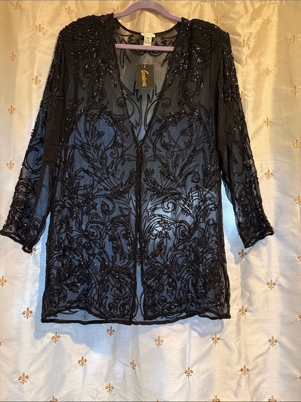 Casual Corner Black Beaded Sheer Embellished Open-Front Tunic